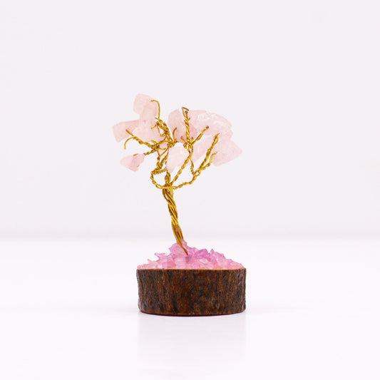 Mini árbol de piedras preciosas sobre base de madera - Cuarzo rosa (15 piedras)